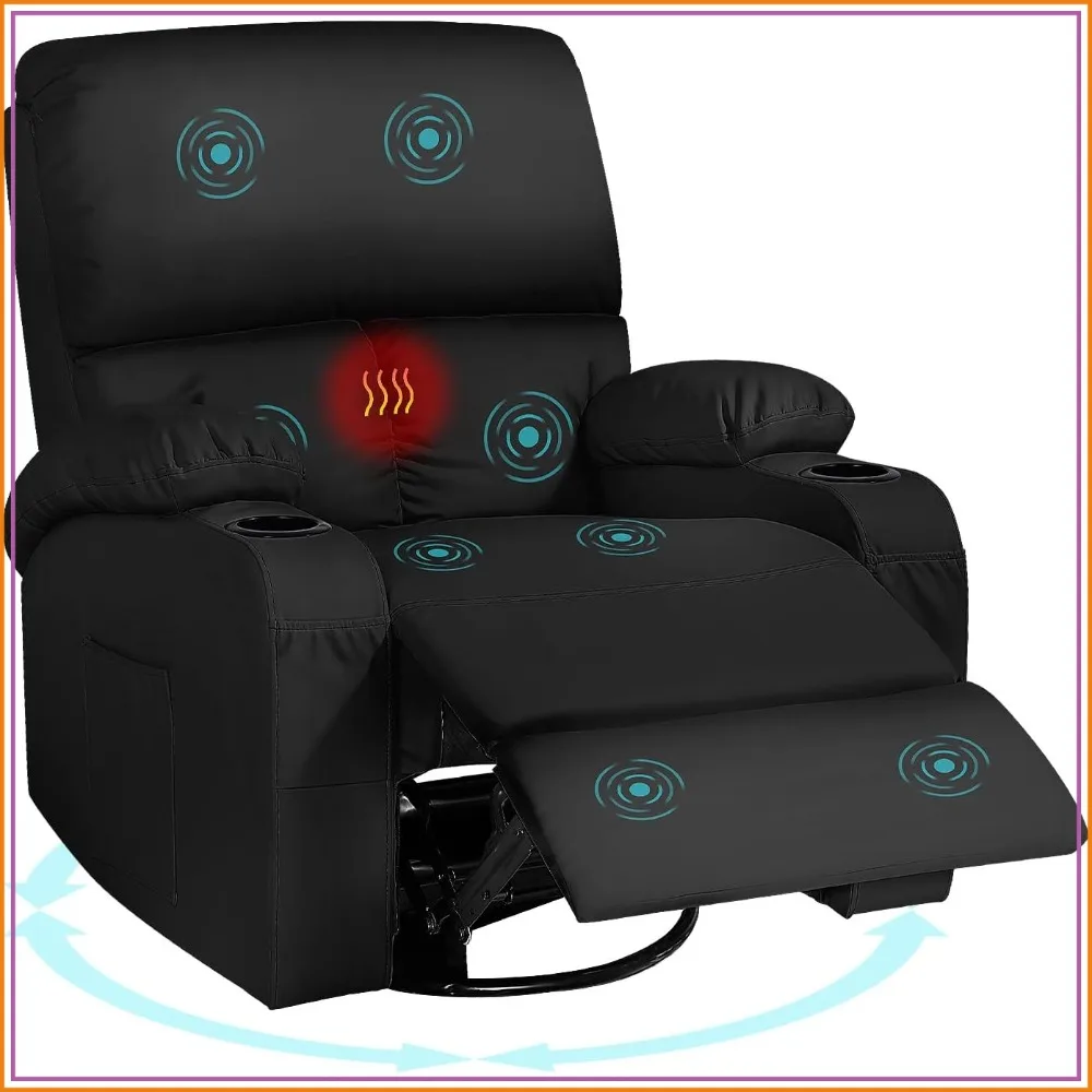 Rocking Recliner Chair Massage Rocker with Heat, USB Type-C, 360 Swivel Faux Leather, Black
