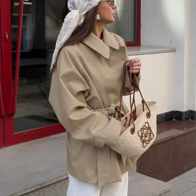 New Cross-border Design Style Trench Coat for Women Mid-length Khaki Jacket with Lace-up Autumn Long-sleeved Coat Fashion Simple