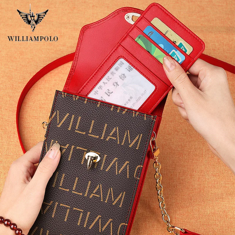 WILLIAMPOLO Women\'s Wallet Shoulder Mini Leather Bags Straps Mobile Phone Big Card Holders Wallet Handbag Money Pockets Girls