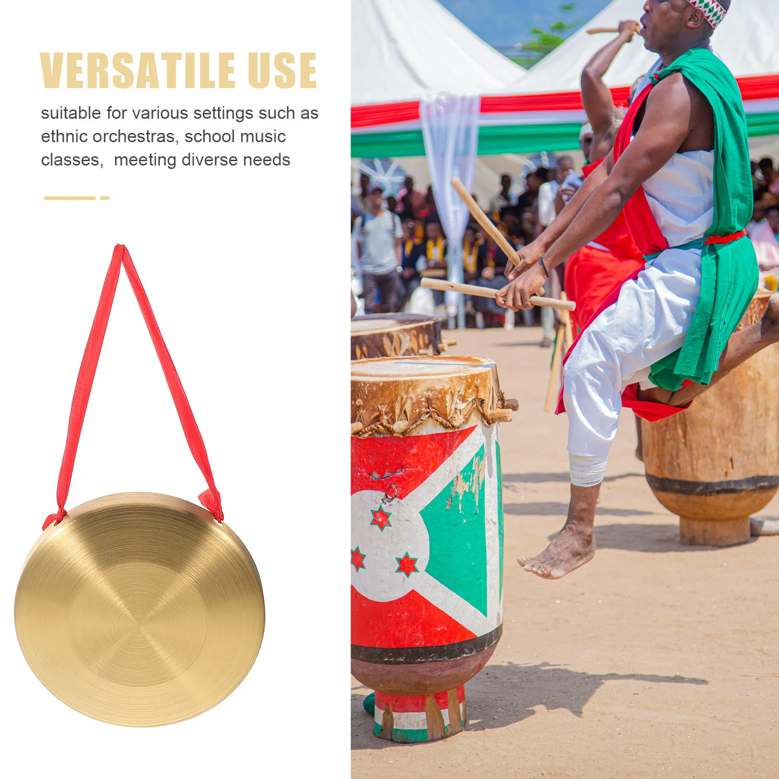 Gong dekoracyjny mosiężny chiński instrument perkusyjny młotek czerwona wstążka czysty dźwięk dekoracja kulturowa festiwale
