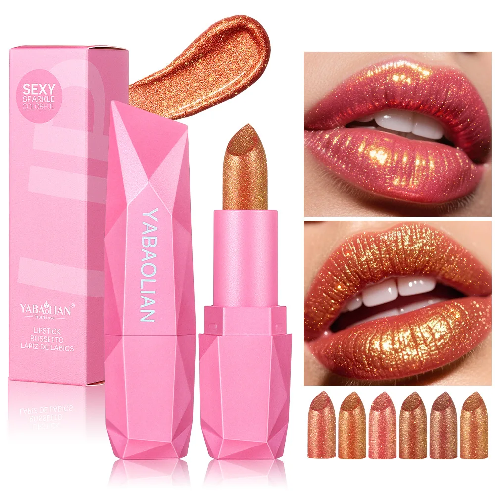 

6Colors Glitter Lipstick Waterproof Long Lasting Diamond Pearlescent Metallic Lipstick Pink Lipgloss Women Lips Makeup Cosmetic