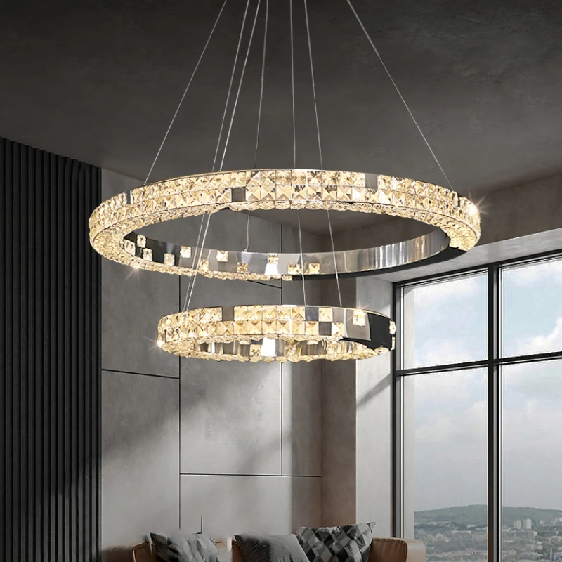 Luxury Modern Circle Led Dimmable Chandelier Foyer Lustre K9 Crystal Led Pendant Lights Steel Home Decor Suspend Lamp Fixtures