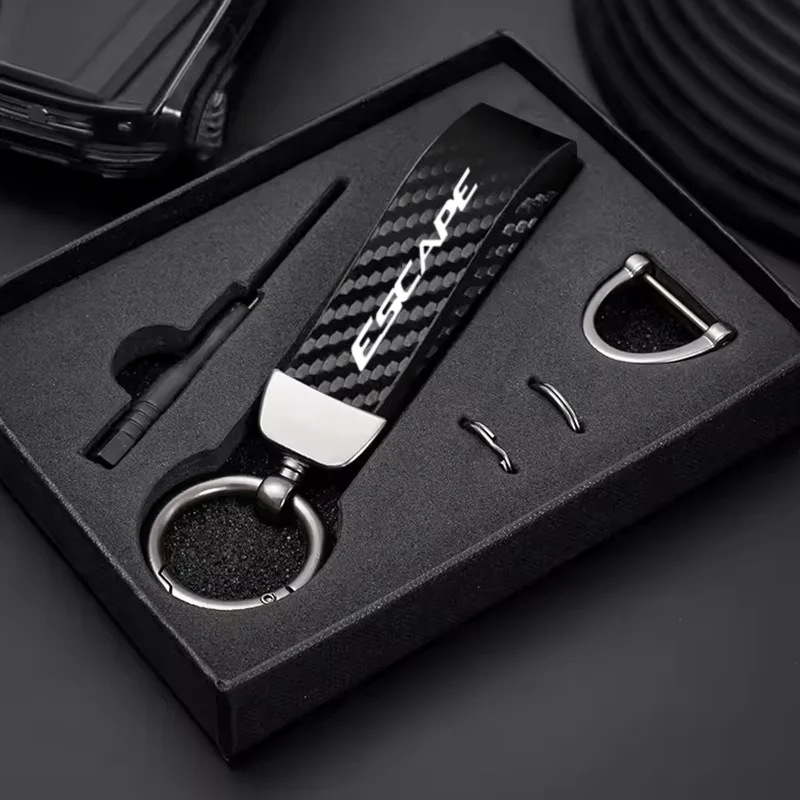 

Carbon fiber Leather Car Keyring Exquisite Anti-lost Car Keychain For Ford Escape Emblem Auto Accessories
