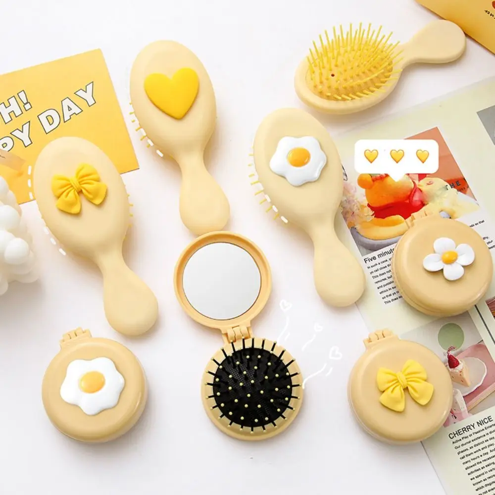 Eggs Cartoon 2 in 1 Comb Mirror Set Flower Love Heart Bow Massage Comb with Mirror Anti Static Korean Style