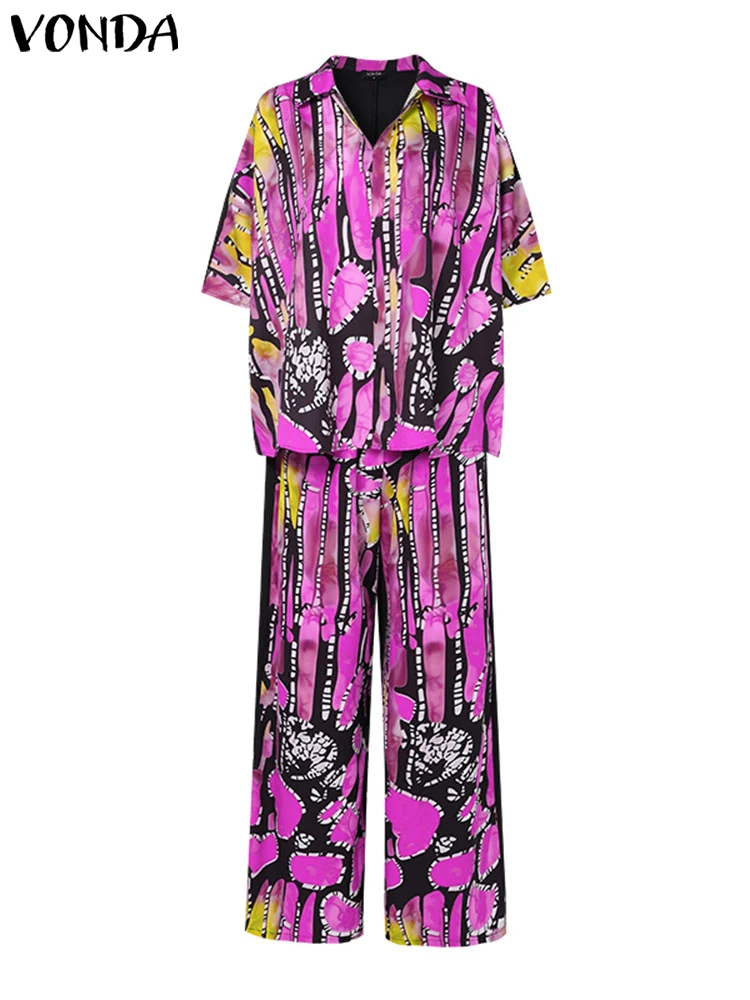 Plus Size 5XL VONDA Summer Bohemian Long Pants Sets 2024 Women Vintage Printed Suits 3/4 Sleeve Casual Top Long Pants Loose Sets