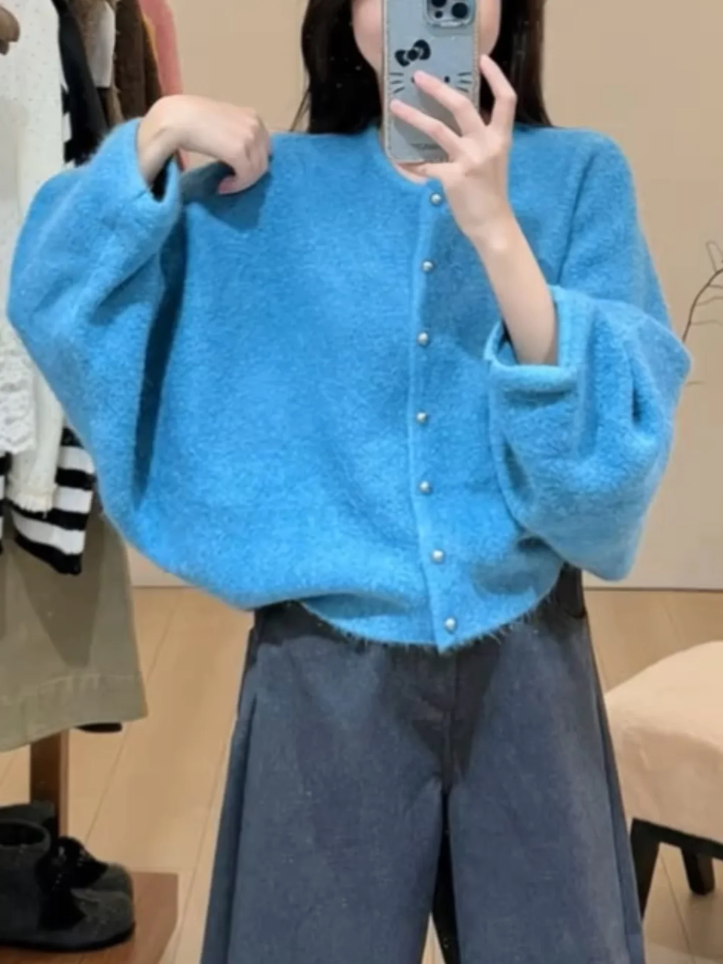 

Soft Cozy round Ne Sweater Women's ort Loose White Enhancing Blue Knitted Winter Top Korean Sle Commute Warmth Heating