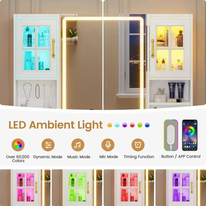 QAZ8-White Desk Touch Screen Mirror and Lights.Large Makeup Vanity with RGB Light Cabinets &Charging Station.6 Drawers.5