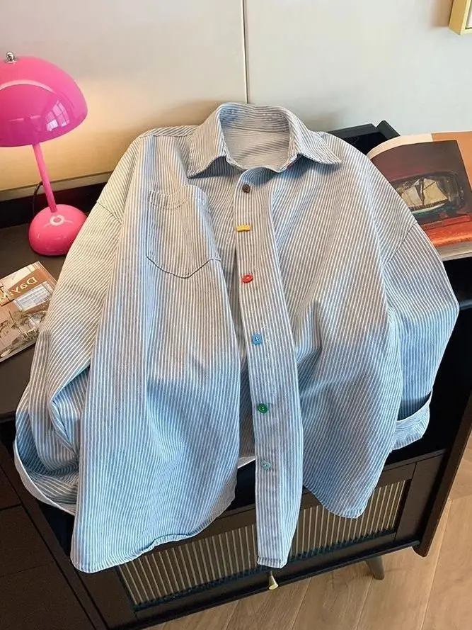 

Retro Minimalist Color Blocked Blue And White Striped Loose And Versatile Collared Shirt For Women's Spring New Long Sleeved Top