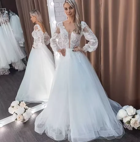 

Elegant V-neck Wedding Dress A Line Full Sleeve Backless Applique Tulle Sweep Train Bridal Dress Customized Vestido De Noiva