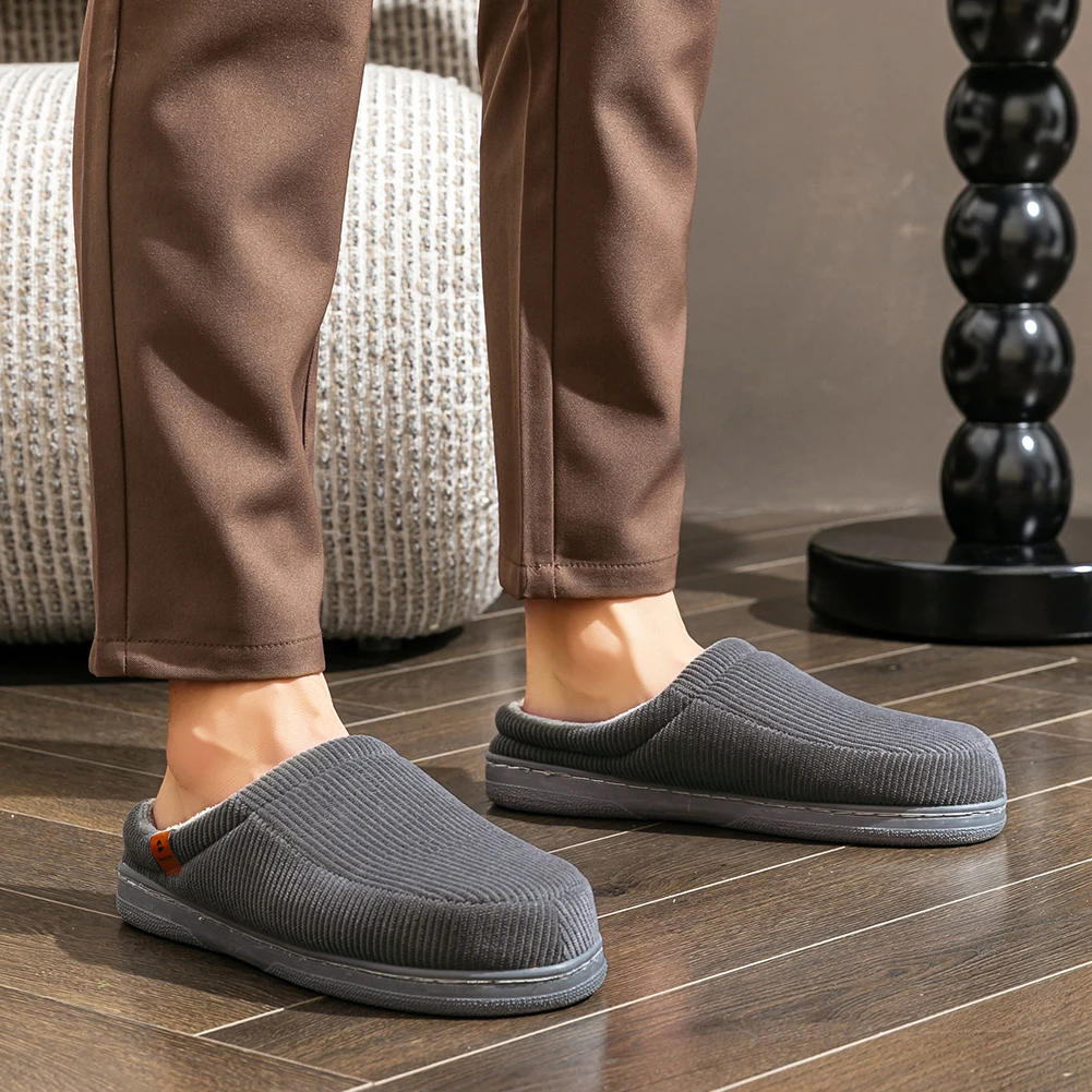 Men's Striped Corduroy Slippers TPR Sole Cushioning Memory Foam Insole Men's Warm and Soft Winter Indoor Shoes image 5