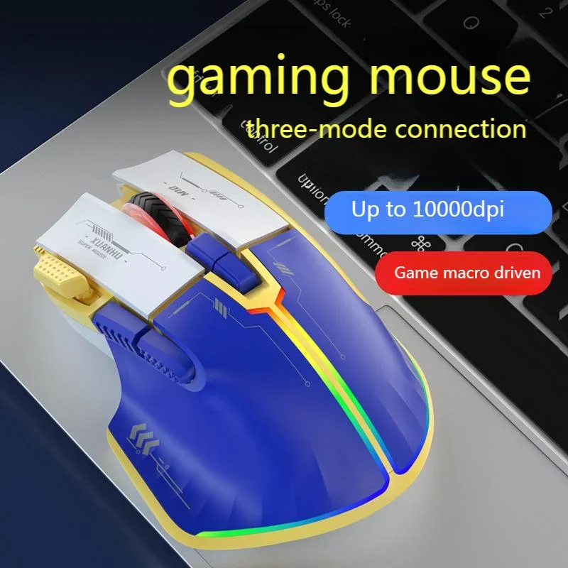 Mecha Style Tri-Mode Gaming Mouse 10000 Adjustable DPI 2.4G Bluetooth Wired Macro Driver RGB Rechargeable Mice for PC Laptop