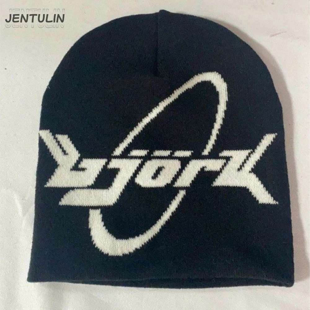 Men's Beanie Kpop Letter Hat Y2k Bjork Knit Hip Hop Streetwear Wool Winter Korean Pullover Accessories Jacquard Women Cap Unisex