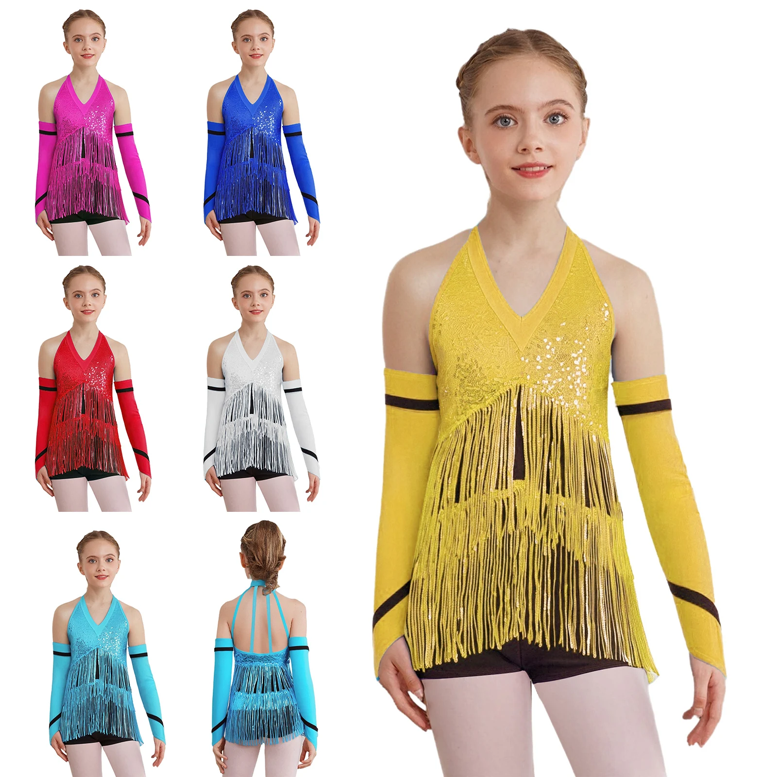 Children Girls Jazz Disco Dance Outfits Halter Sleeveless Strappy Back Shiny Sequins Color Block Latin Leotard with Gloves Set