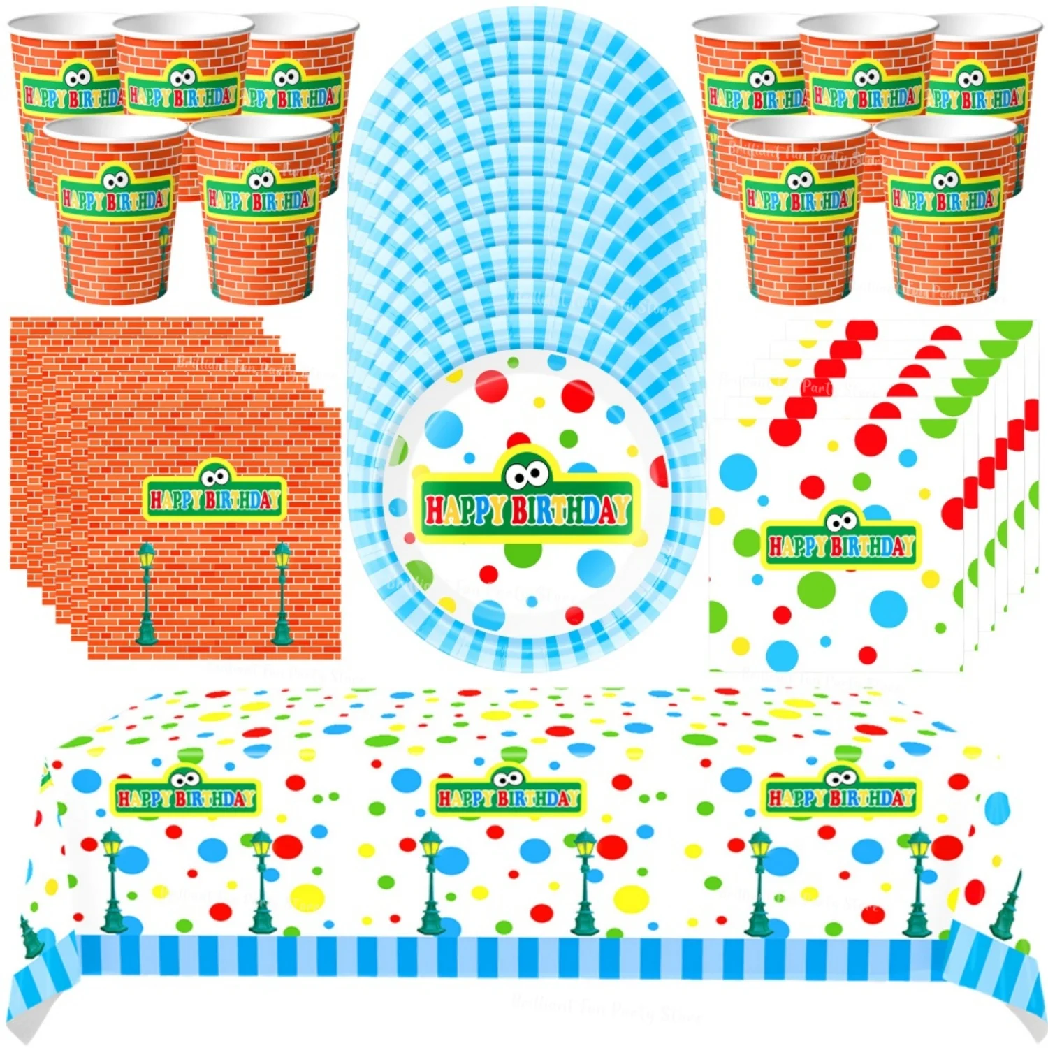 Kit de decoración de cumpleaños de 61 piezas con diseño de Plaza Sésamo, vasos de papel, platos, servilletas, mantel para baby shower, set de regalos para fiestas infantiles