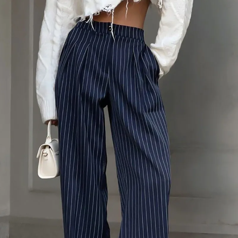 New Autumn Vintage Striped Loose Women's Wide Leg Pant Button Spring High Waist Female Straight Office Full Length Trousers