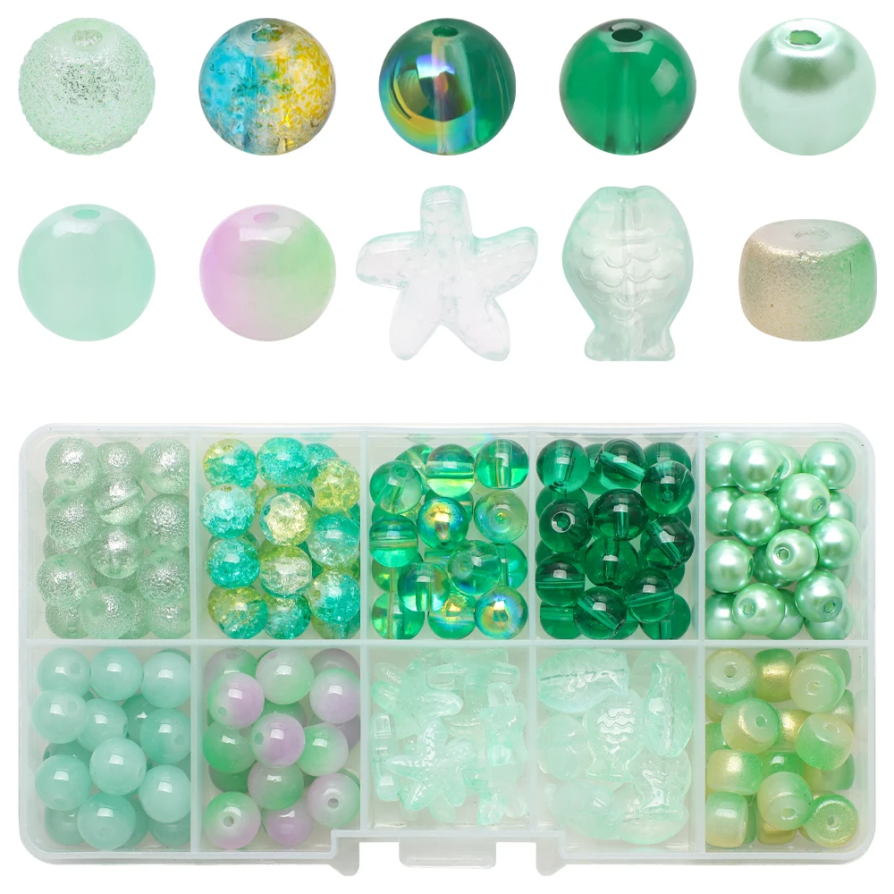 180 Stück/Box 8mm Kristallglasperlen Schmuckherstellungs-Set Naturstein Seestern Fisch Bastelzubehör für Armband Halskette Ohrringe DIY-Set