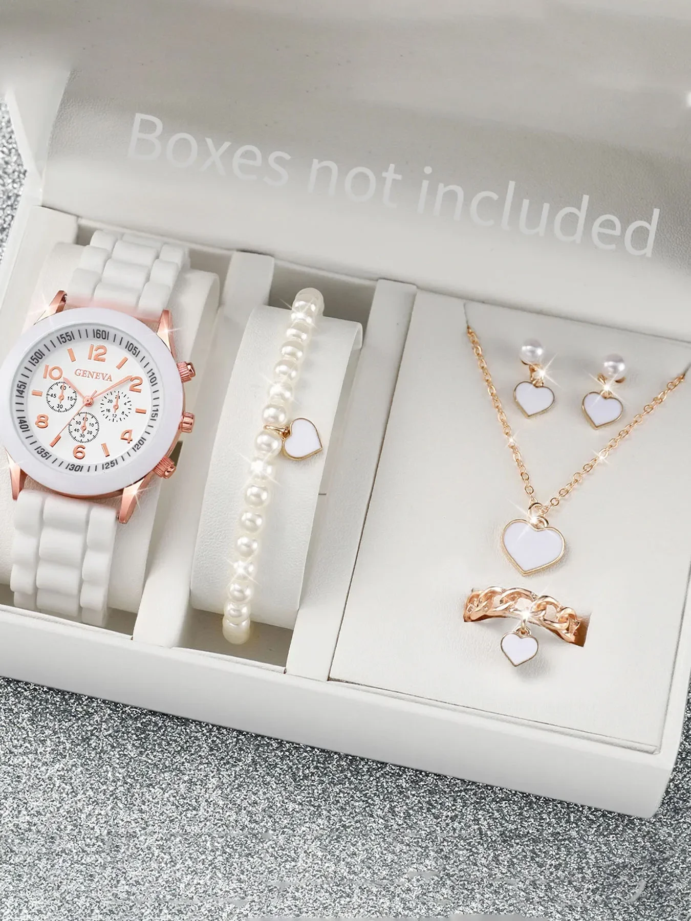 Three eye scale white dial quartz women's watch white silicone strap+white heart-shaped pearl necklace bracelet earring ring