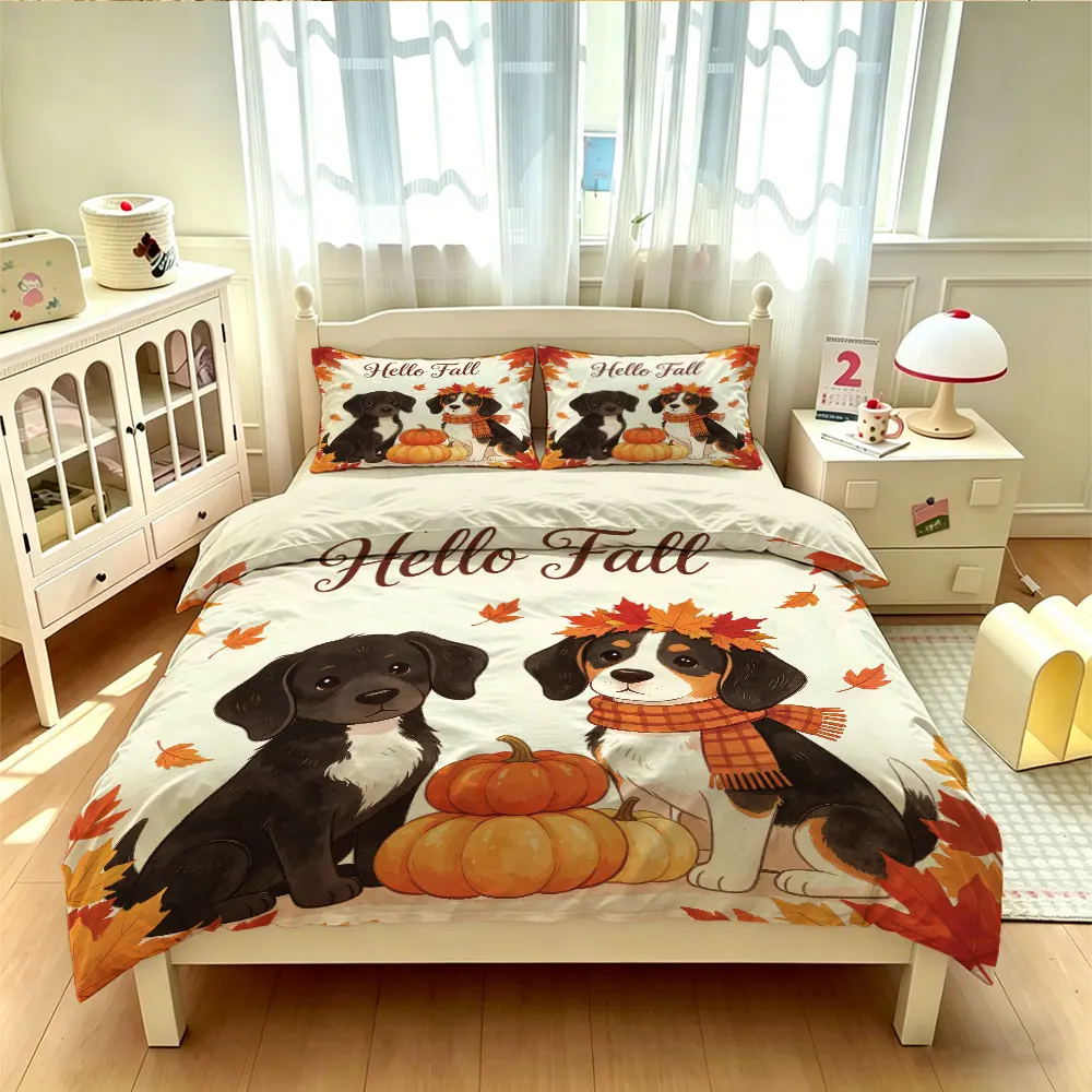 3pcs(1 duvet cover + 2 pillowcases, coreless)maple leaf and dog-themed bedding set available in multiple sizes