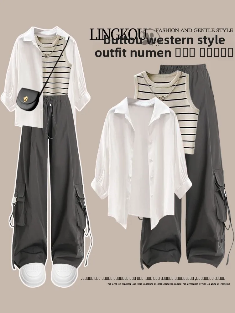 

Women's Stripe Vest Sun Protection irt Casual Slimming Leisure Workwear Pants Tee-piece Set Spring Autumn Faion Ensemble