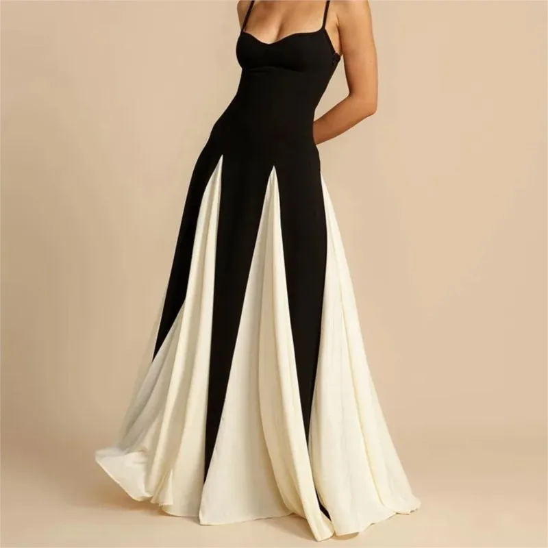 Black And White Patchwork Spaghetti Strap Drape Pleated Maxi Dress Show Style Women Fashion Splicing Sexy Elegant Party Dresses