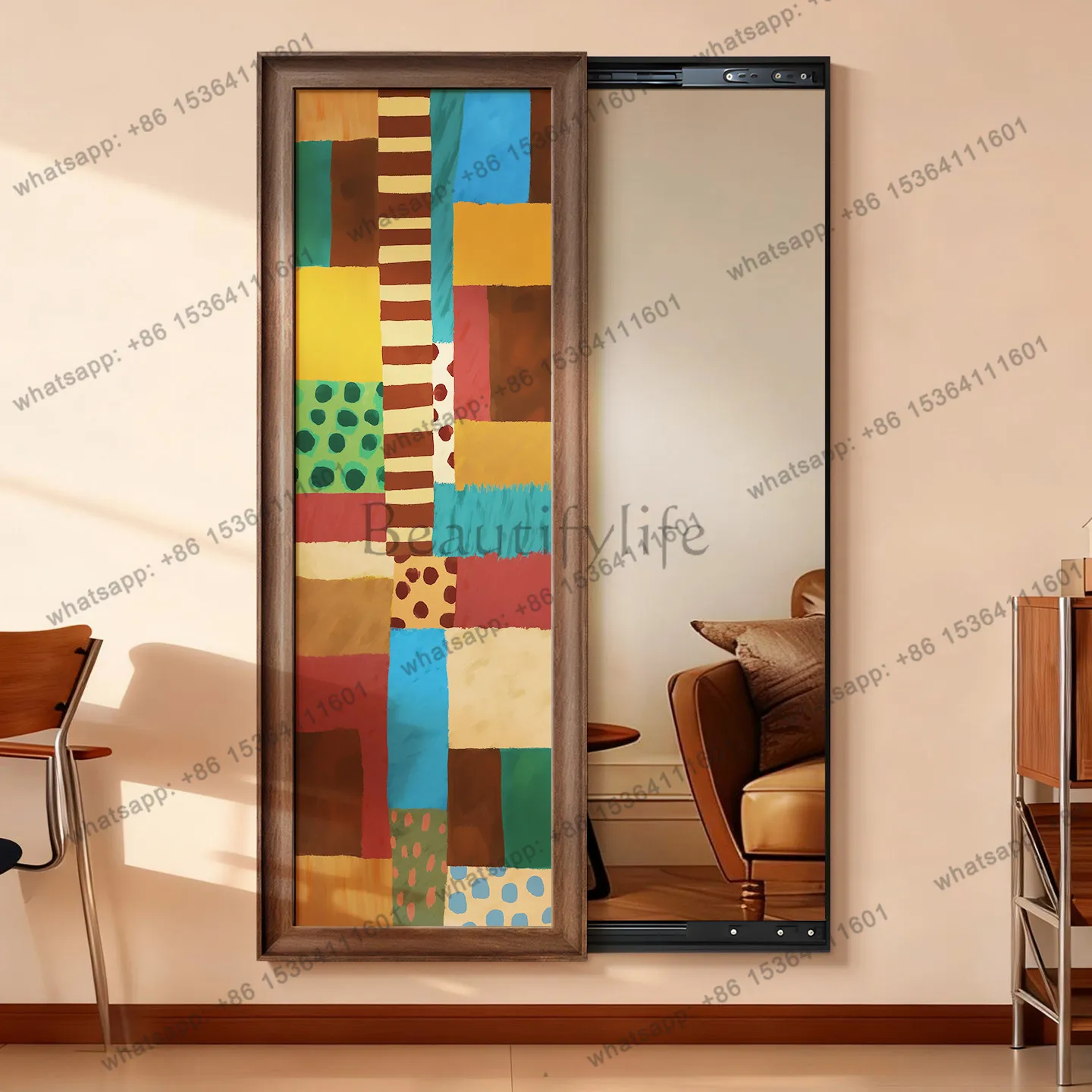 Hidden full-length mirror walnut push-pull closure invisible hidden dressing mirror decorative painting