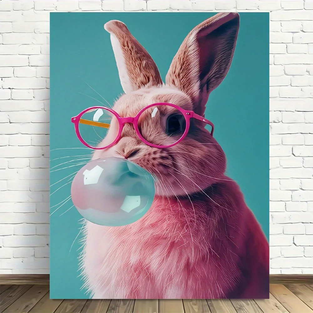 (No frame)2D Flat, 1pc Modern Vintage Bunny Poster with Pink Glasses & Bubble Gum - Wrap-Around Canvas Frame Wall, Elegant De