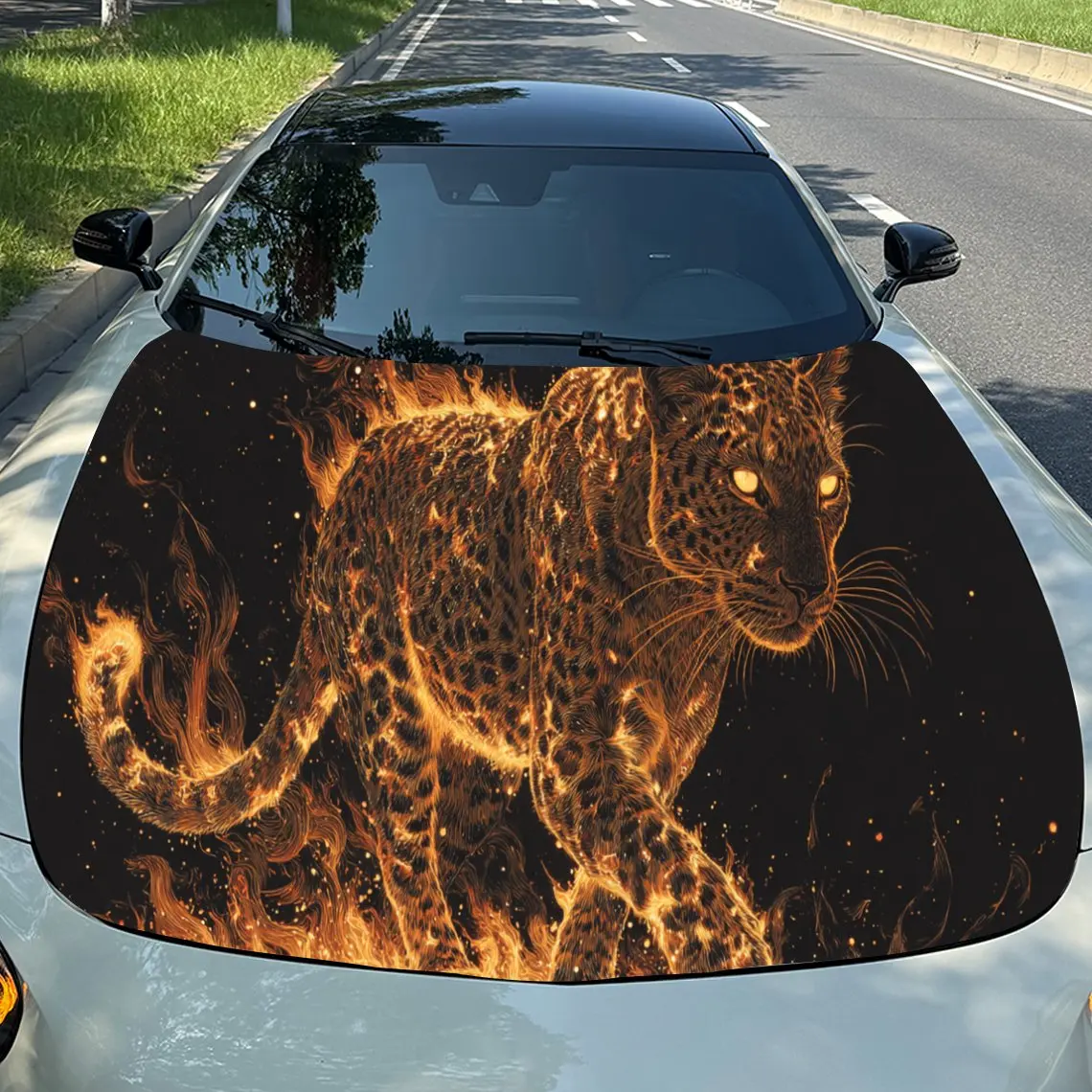 

Passionate - Style Fire Leopard Car Vinyl Wrap, PVC Waterproof Car Hood Sticker, Self-Adhesive Scratch-Resistant Stickers for En