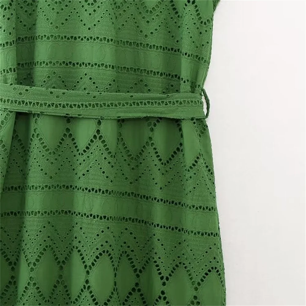 UNIZERA2024 Spring New Product Women's Belt with Lap Collar Short Sleeve Hollow out Embroidered Shirt Midi Dress