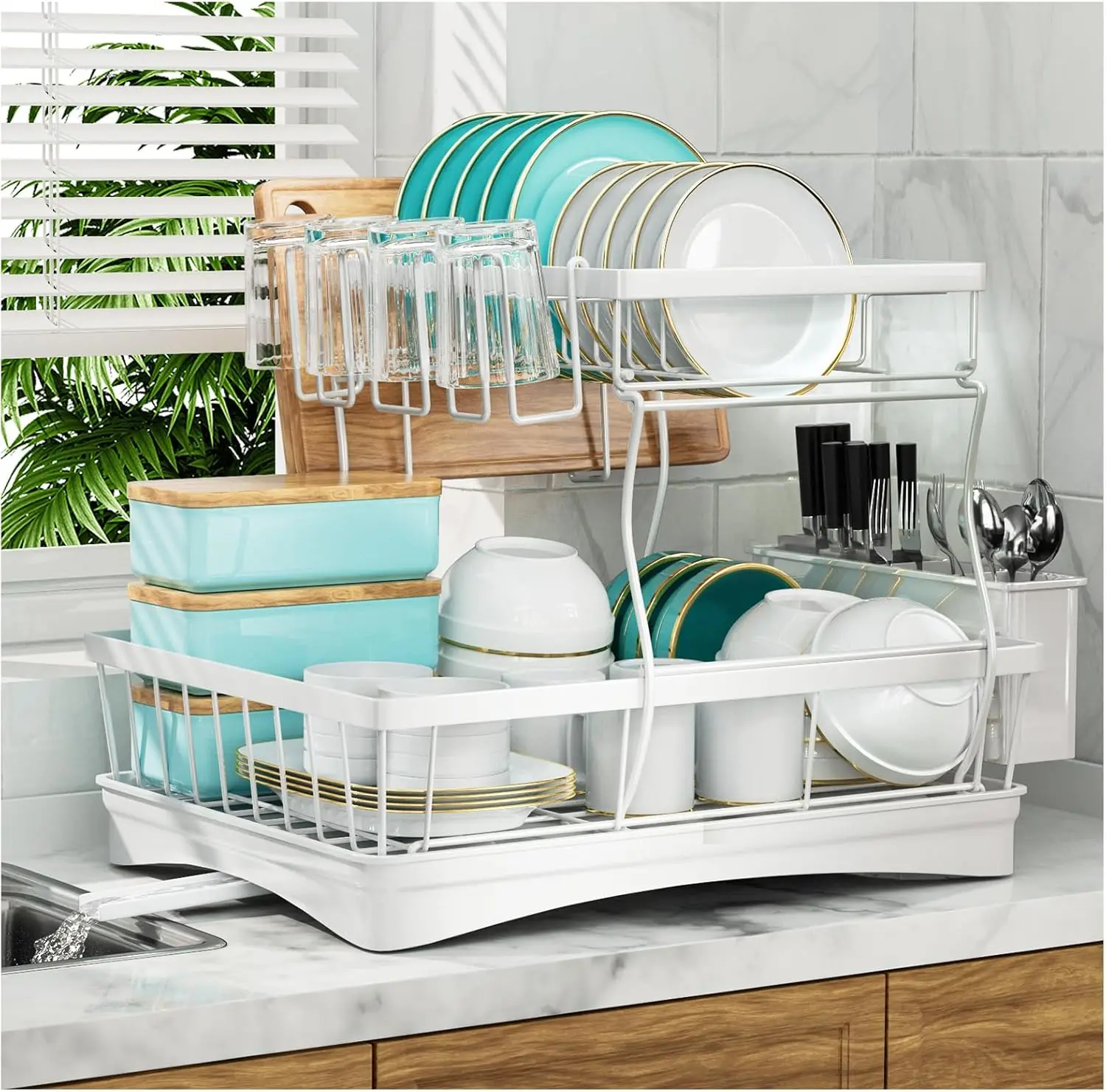 White 2-Tier Detachable Countertop Dish Drying Rack, Large Storage Space, Complete with Drain Board & Specialized Utensil Holder for Daily Tableware Drying