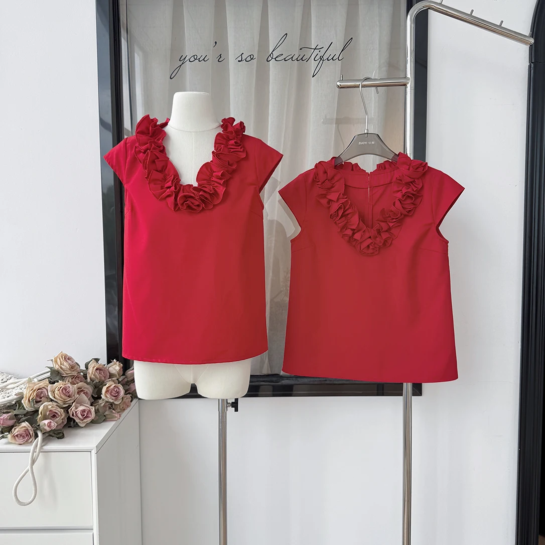 

Women's Summer Elegant Petals V Neck Short Sleeve T Shirt Lady Solid Color Pullober Slim Short Blouse Top