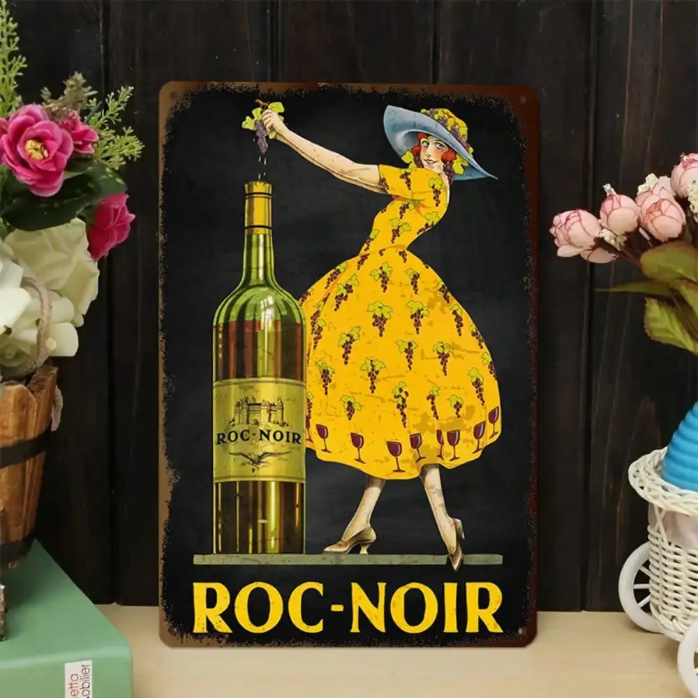 1PC Vintage Noir Wein Blechschild, Retro-Werbung mit gelbem Kleid für Bar & Café, 8x12In/20x30Cm