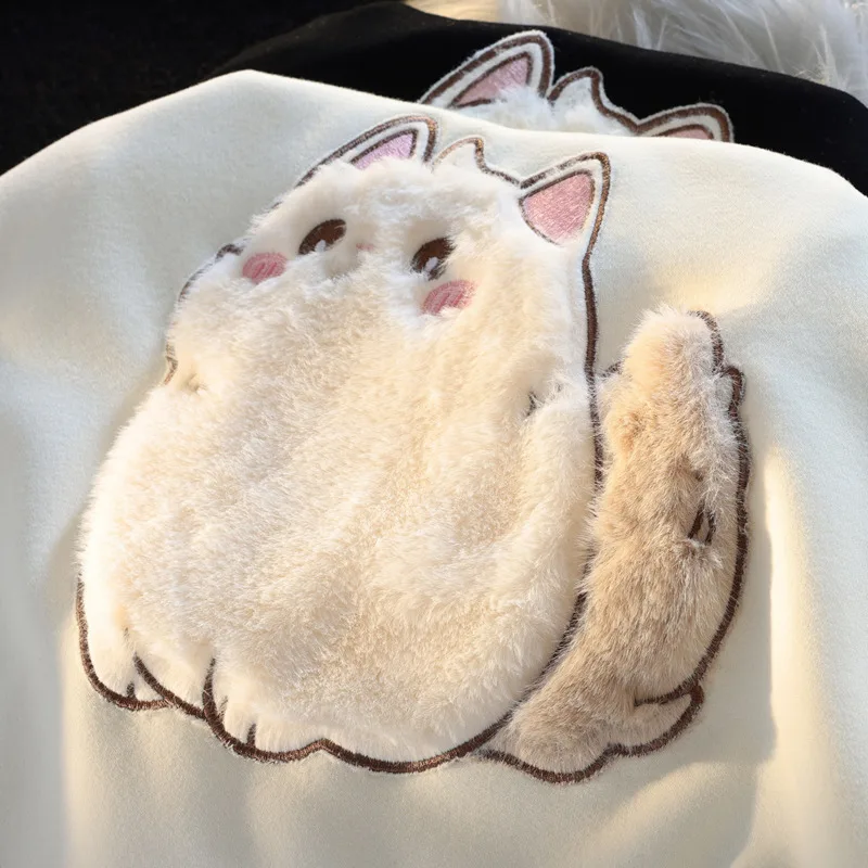 Autumn Japanese Kawaii Flock Embroidery Cartoon Cat Patchwork Hooded Sweatshirt Kangaroo Pocket Baggy Casual Loose Streetwear