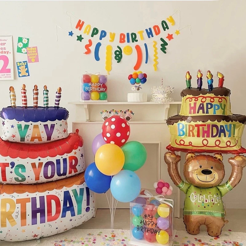 Grande aniversário bolo folha balões, urso dos desenhos animados, brinquedos para crianças, feliz aniversário decoração suprimentos, foto adereços,