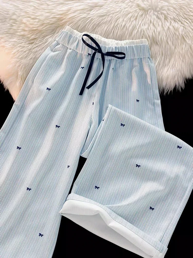스윗 보우 스트라이프 팬츠 여성 하이웨이스트 한국 캐주얼 와이드 레그 트라우저 우아한 패션 루즈 귀여운 여성 봄 바지 신상