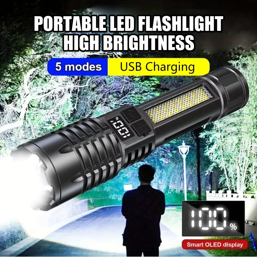 Super Bright COB LED Flashlight USB Rechargeable Zoomable With Side Light Waterproof Torch Camping Hiking Emergency Outdoor