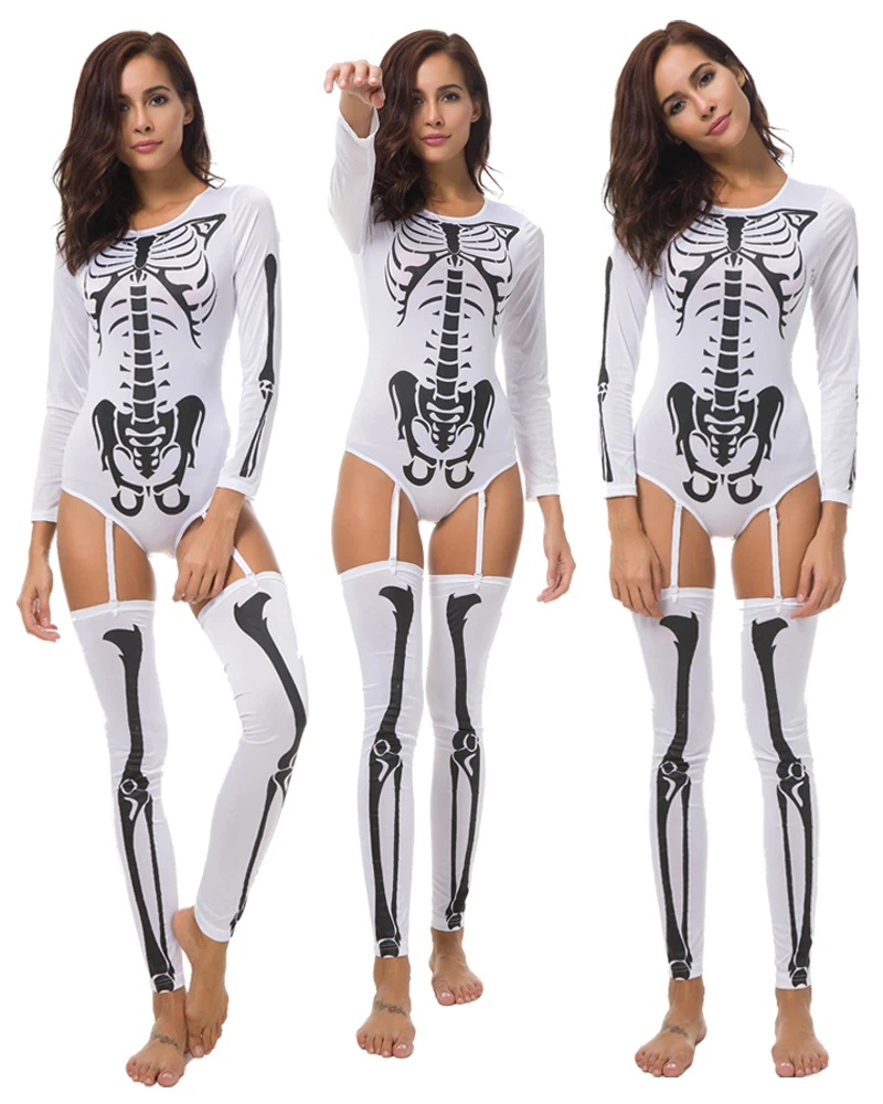 Mono de manga larga para mujer de Halloween, disfraz ajustado para adulto con calavera y esqueleto, mono de zombis para fiesta de juegos de rol