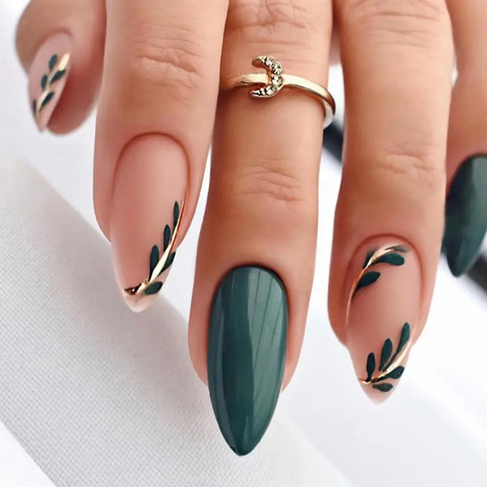 Fake Nails Minimalistic Sweet Green Leaf Fake Nails Easy to Apply Remove for Women's Style Anti-break Supply Easy to Take Off