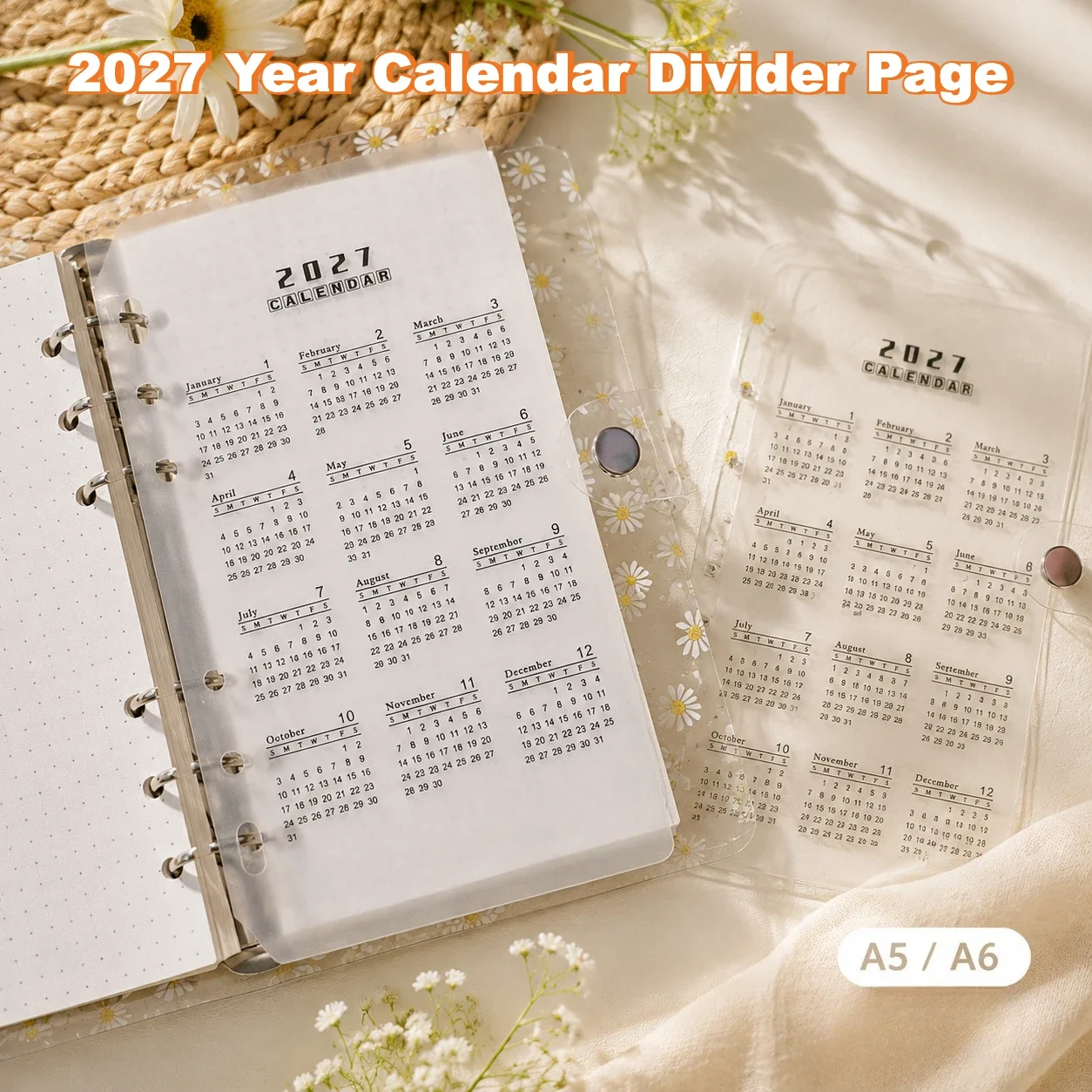 2pcs 2027 Year Calendar Divider Page, Transparent Yearly Calendar Insert for Discbound Notebook Planner Journal Stationery