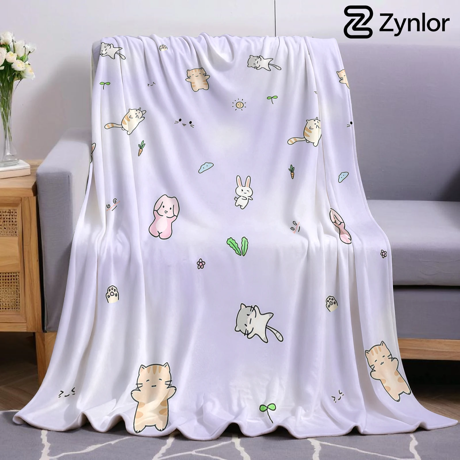 Bunny Kitten Pattern Lightweight Microfiber Soft Christmas Fleece Blanket Warm Cozy Throw for Bed Sofa Office Travel All Season