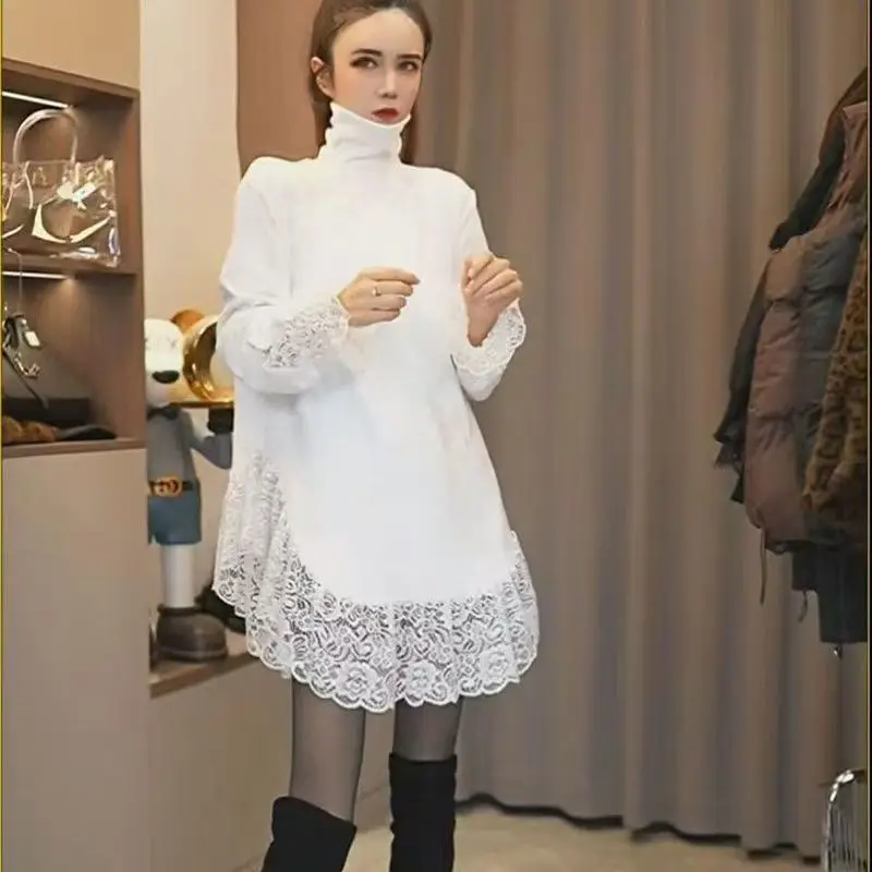 

Double-sided German Velvet Autumn Winter New High-necked Foreign-style Thin Medium and Long Lace Splicing Inner and Bottom Shirt