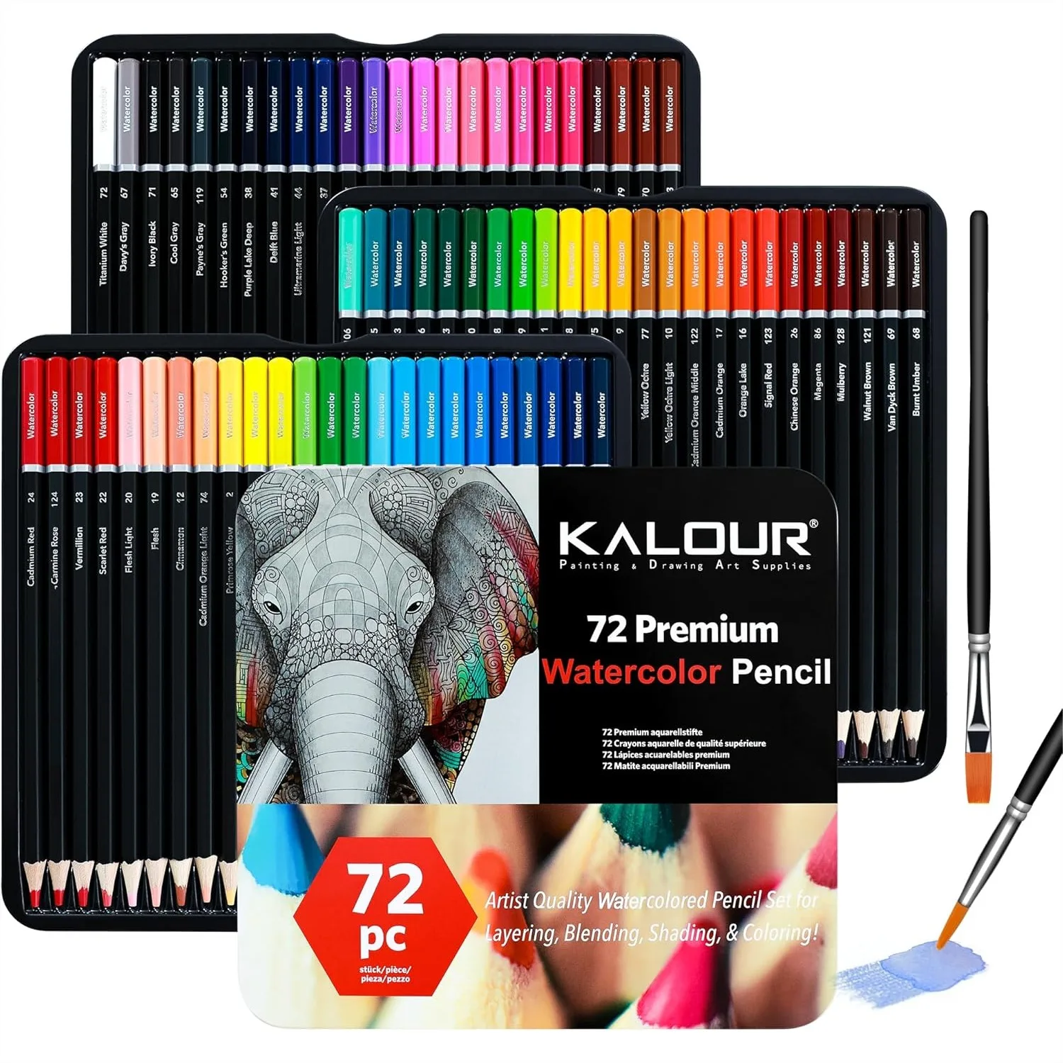 

72 Watercolor Pencils with 2 Brushes - Wet & Dry Blending for Coloring Books - Water Soluble Art Supplies for Adults Beginners