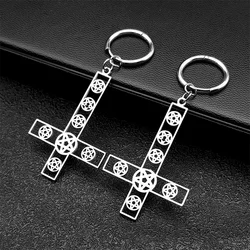 Inverted Cross Occult Pentagram Hoop Earrings for Women Stainless Steel Black Silver Color Demon Dangle Earring Jewelry E3482S06