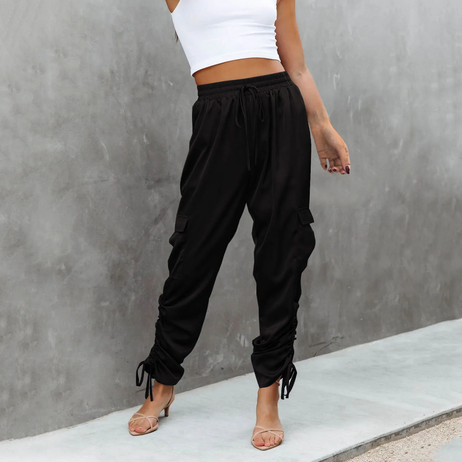 

2024 Women'S Stylish Casual Lace Up Elastic Waist Pocket Pants Casual Pants Women Summer Tie Drawstring Cargo Pantalones