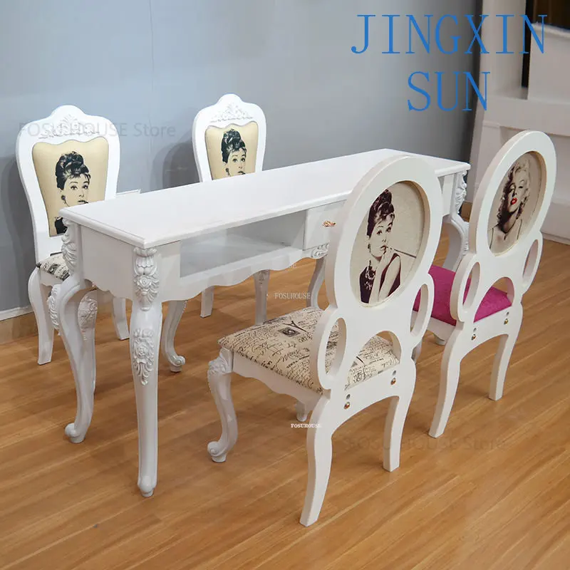 Retro Carved Nail Tables Beauty Salon European Manicure Table Chair Professional Salon Furniture Modern Home Luxury Glass Table