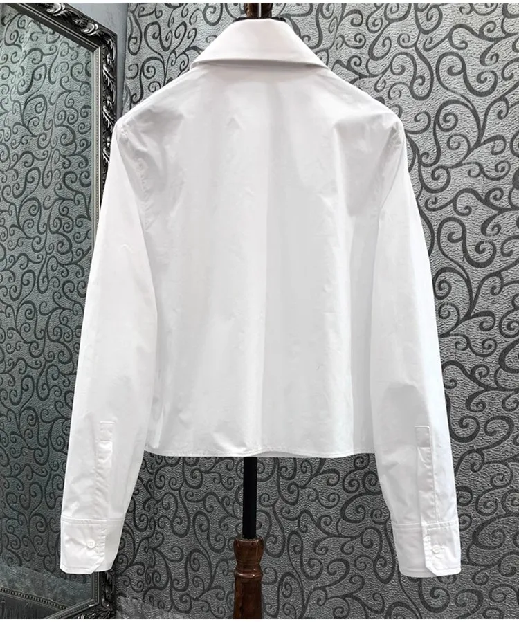 100%Cotton Shirts 2024 Spring Summer Style Women Turn-down Collar Crystal Beading Deco Long Sleeve Casual White Shirts OL