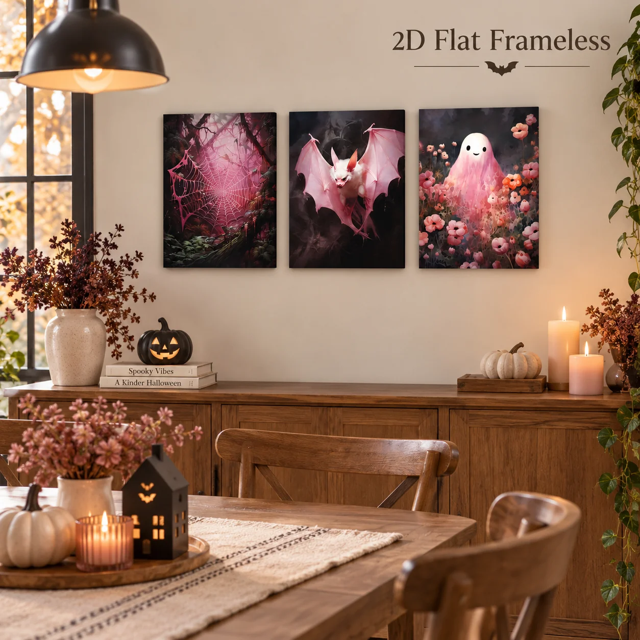 3 pink bat horror ghost spider web art canvas posters, suitable for Halloween, Christmas, winter, and summer indoor decoration 2