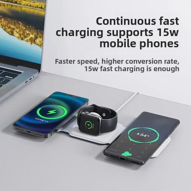 15 W 3-in-1 faltbare magnetische Powerbank und kabelloses Ladegerät – Autoaufladung, Apple-Schnellladung, Sprühgummi-Ölbeschichtung