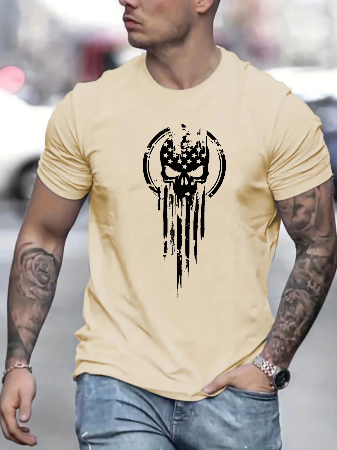 Men\'s Summer Loose Size 100% Cotton Skull Print Casual Slim Fit Round Neck Short Sleeve T-shirt Top O-neck Pactwork Casual T