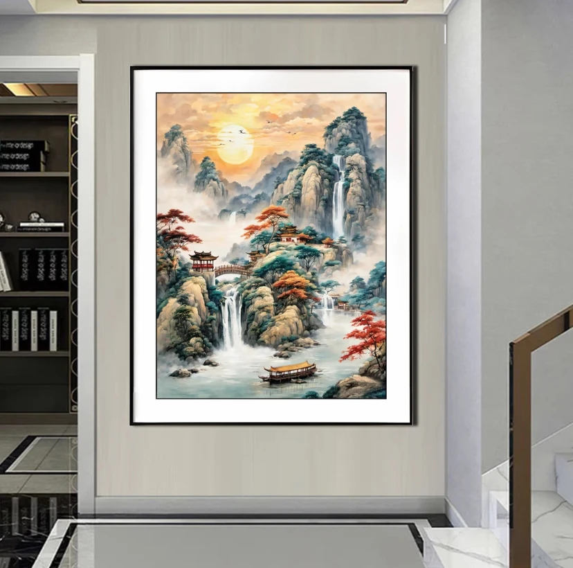 Fall 9ct 60x80cm Printed Kits Cross Stitch Embroidery DIY Chinese Style  Needlework Set Home Decor Crafts