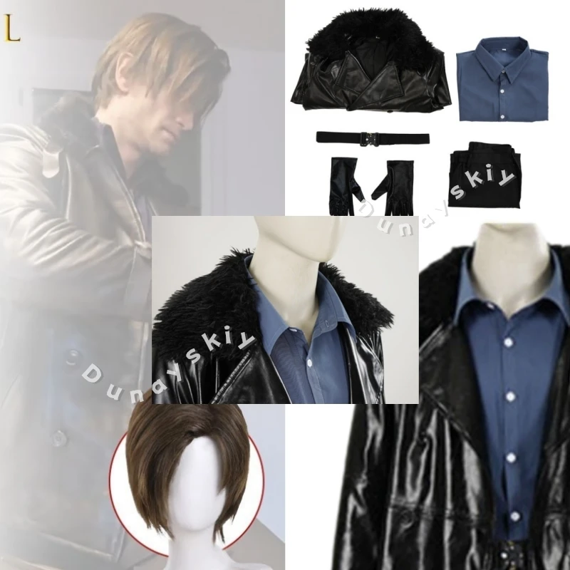 Resideteevil Leon S. Kennedy, chaqueta con cuello de piel negra, camisa azul con peluca, disfraz de cosplay para fiesta de Halloween, Comic Con